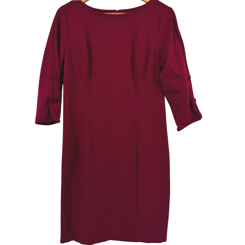 Talbots Women Burgundy Ponte Knit Bow Sleeve Sheath Dress Sz 10 Classic Holiday